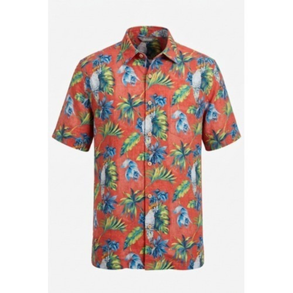 Tommy Bahama Shirt Men L Orange Parrot Floral Hawaiian Tropical Button Up Artsy